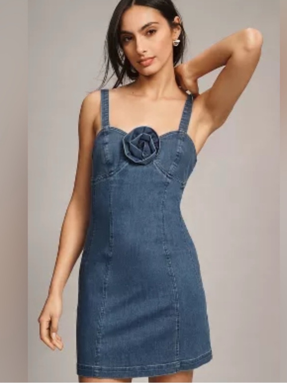 Anthropologie Y2K Inspo RARE PORRIDGE ROSETTE DENIM SLIM MINI DRESS Medium NWT - Picture 1 of 6